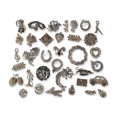 35pc Vintage Rhinestone and Silver-Tone Brooch Pins