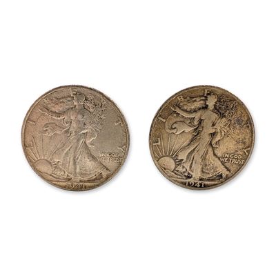 2pc 1941, 1941-D US Walking Liberty Silver Half Dollar Coins, Circulated