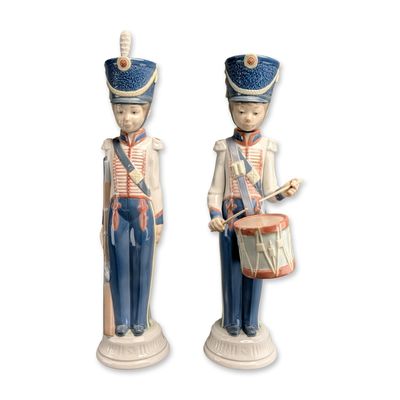 2pc Lladro Porcelain Soldier Figurines, At Attention and Drummer Boy