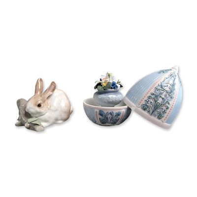 2pc Lladro Glazed Porcelain Figurines, Rabbit Eating & Spring Egg