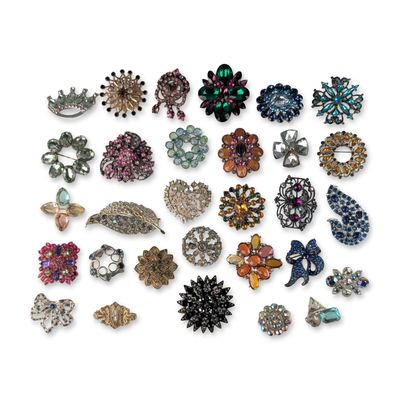 30pc Vintage and Contemporary Rhinestone Botanical and Geometric Brooch Pins
