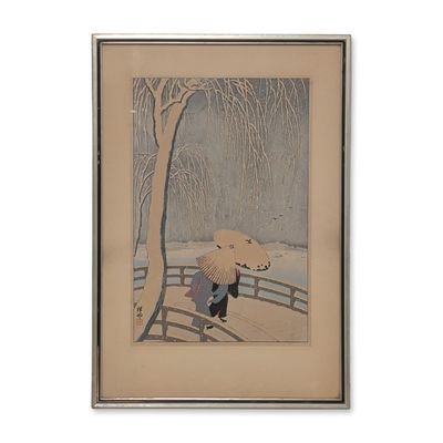 After Ohara Koson (Japanese, 1877-1945) Offset lithograph, Snow on Willow Bridge