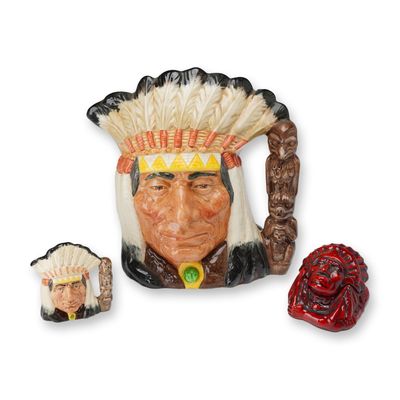 3pc Native American Motif Royal Doulton Character Jugs and Kevin Francis Flambe Prototype Face Pot