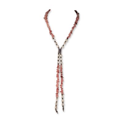 Cherry Quartz and Pearl Sterling Silver Lariat Necklace