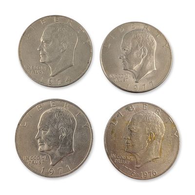 4pc 1971-D, 1974, 1976, 1977-D US Eisenhower Silver Clad One Dollar Coins, Circulated