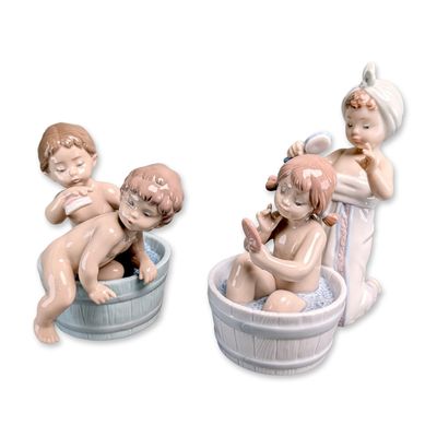 2pc Lladro Spanish Porcelain Bathing Children Figurines, Bath Time & Bathing Beauties