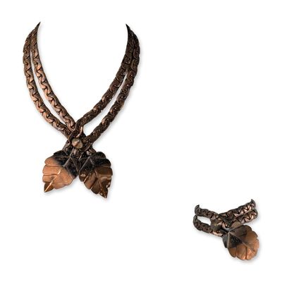 2pc Rebajes Mid-Century Modern Copper Foliate Motif Necklace and Bracelet