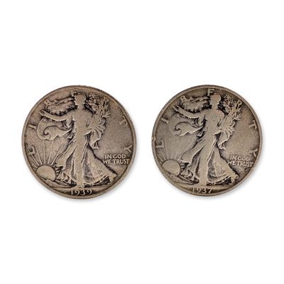 2pc 1937-S, 1939 US Walking Liberty Silver Half Dollar Coins, Circulated