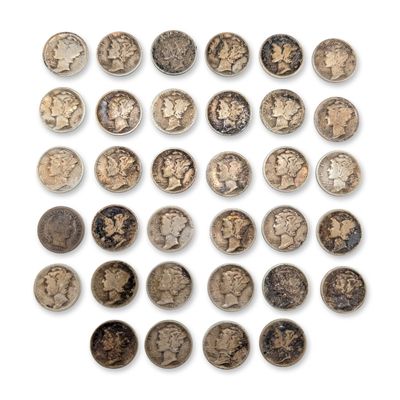 34pc Collection of US Mercury & Barber Silver Dime Coins, Circulated