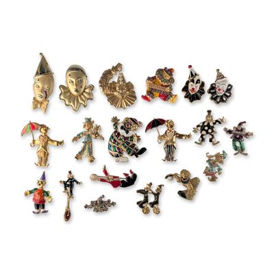 19pc Enameled and Rhinestone Clown Brooch Pins