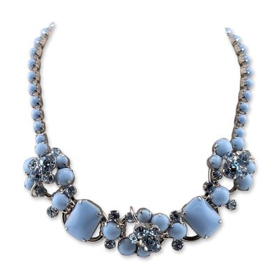 Juliana Delizza & Elster Vintage Blue Milk Glass and Rhinestone Collar Necklace