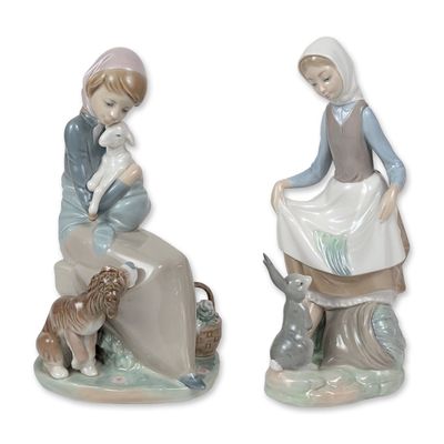 2pc Lladro Glazed Porcelain Pastoral Figurines