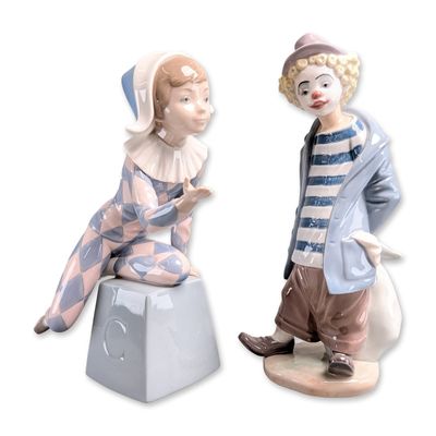 2pc Lladro Spanish Porcelain Clown Figurines