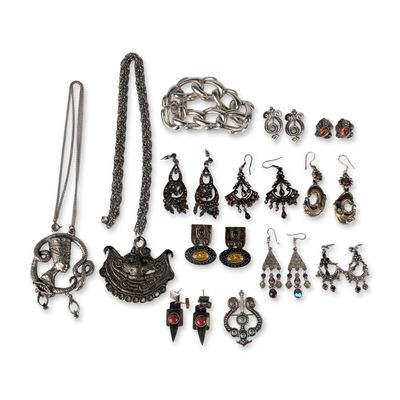 13pc Silver Tone and Egyptian Revival Costume Jewelry Bracelet, Necklaces, and Earrings