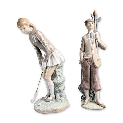 2pc Lladro Porcelain Golfing Figurines, Waiting to Tee Off 5301 and Lady Golfer 4851