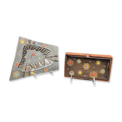2pc Mid-Century Higgins Fused Glass Barbaric Jeweled Ashtray and Box Set