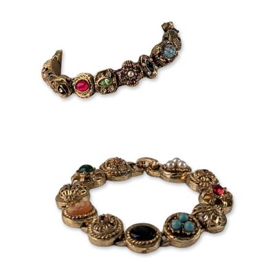 2pc Vintage Victorian Revival Gold-Tone Multi-Charm Slide Bracelets