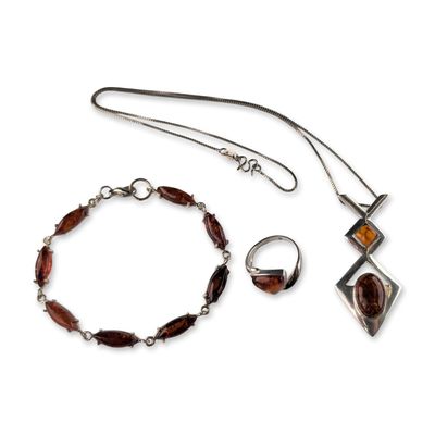 3pc Sterling Silver Baltic Amber Necklace, Bracelet, and Ring