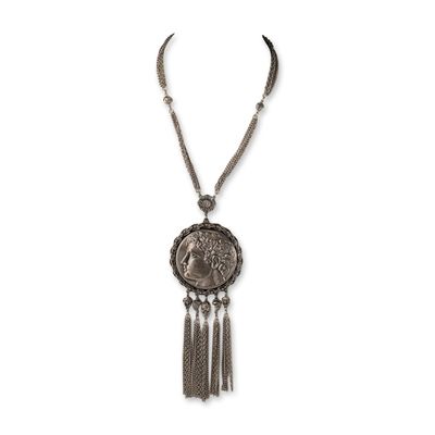 Goldette Neoclassical Relief Medallion Fringe Necklace