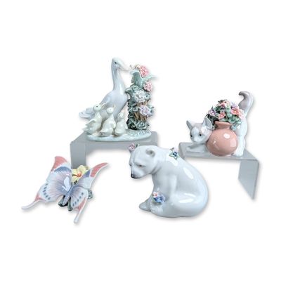 4pc Lladro Glazed Porcelain Animal Figurines, Duck, Kitten, Polar Bear & Butterfly