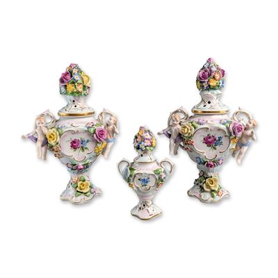 3pc Dresden German Rococo Style Porcelain Lidded Jars