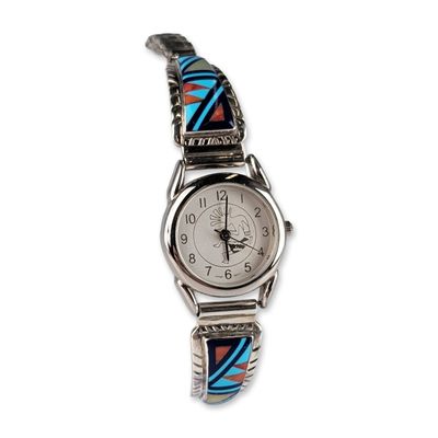 Zuni Inlay Native American Kokopelli Sterling Silver Watch
