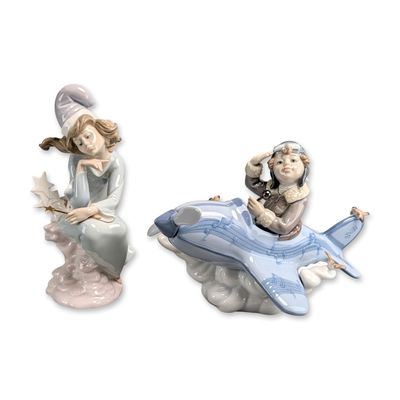2pc Lladro Glazed Porcelain Whimsical Figurines, Wishing on a Star & Up and Away