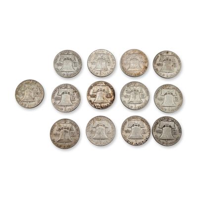 13pc Group of 1950s, 1960s US Franklin Silver Half Dollar Coins, Circulated