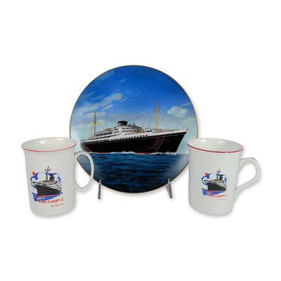 3pc Queen Elizabeth 2 Mugs and O.S.K Ocean Liner Plate, Commoratives