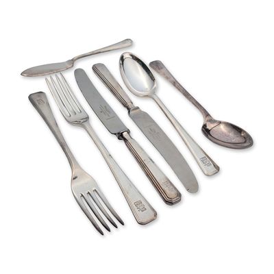 7pc 1950s Mappin & Webb Birmingham Silver Plate Ltd Shaw Savill Line Flatware