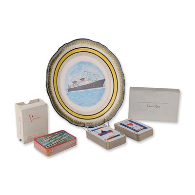 3pc French Line SS France Souvenir Plate and Playing Cards