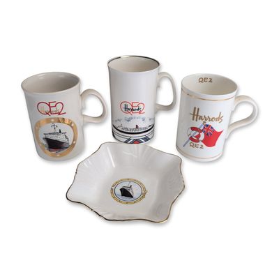 4pc Harrods RMS Queen Elizabeth 2 Maritime Commemorative Ceramic Cups & Trinket Dish
