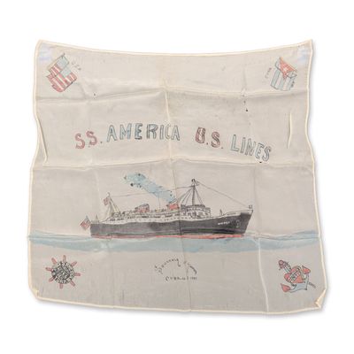 Hand-Painted Silk S.S. America Passenger Souvenir of Havana Cuba 1941 Handkerchief