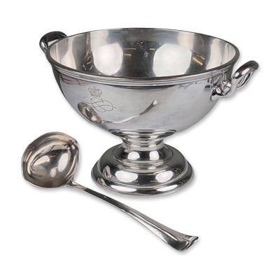 2pc Raimond Silver Cosulich Line MS Vulcania/Saturina Punch Bowl and Ladle, 1920s