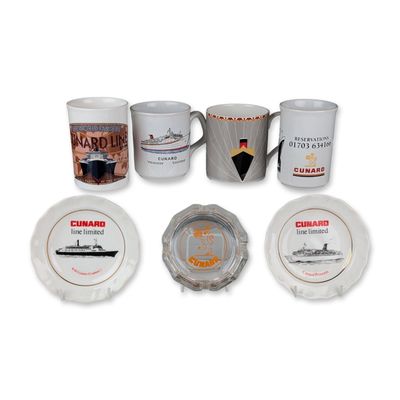 7pc Cunard Line Maritime Mugs, Plates, and Ashtray - Includes William Edwards designed mug