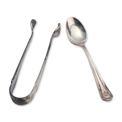 2pc International Silver Co. Dollar Steamship Line Silver-Plated Spoon and Sugar Tongs