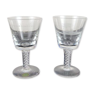 Pair of Stuart Crystal for RMS Queen Elizabeth Commemorative Air-Twist Goblets