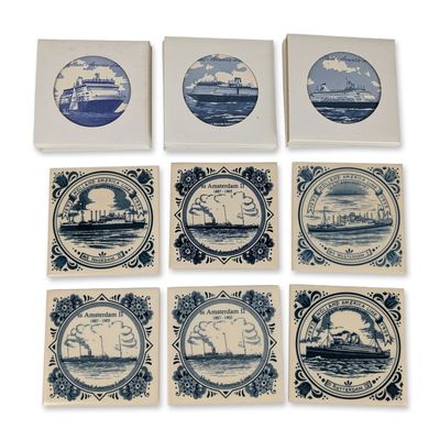9pc Royal Goedewaagen Holland America Line Delft Blue Ceramic Tiles and Coasters