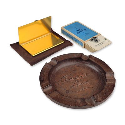 3pc Cunard Line Memorabilia Ashtray, Playing Cards, and Card Holder