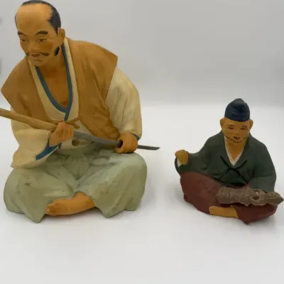 Vintage Sato Hakata Doll Co Figurine Pair Clay Japanese Samurai Elder 1950s Japan
