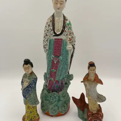 Antique Chinese Famille Rose Porcelain Figurines - Republic Period - Set of 3 Deities with Incised C