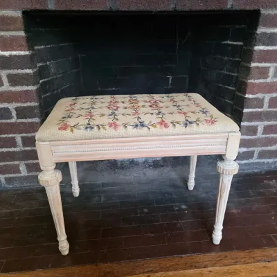 Vintage French Louis XVI Style Needlepoint Vanity Stool – Distressed Limed Wood Bench