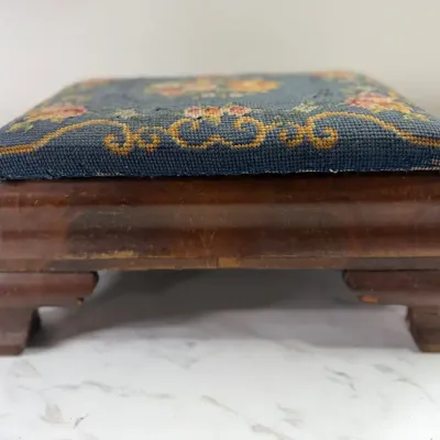 Vintage Needlepoint Low-Profile Footstool - Blue Floral Wood Stool