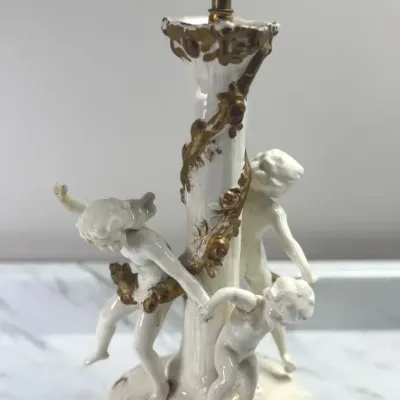 Antique Style Glazed Porcelain Putti Table Lamp - 12" Figural Group