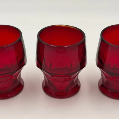 Set of 3 Vintage Anchor Hocking Georgian Ruby Red Glass Tumblers - Honeycomb Pattern Maker Marked