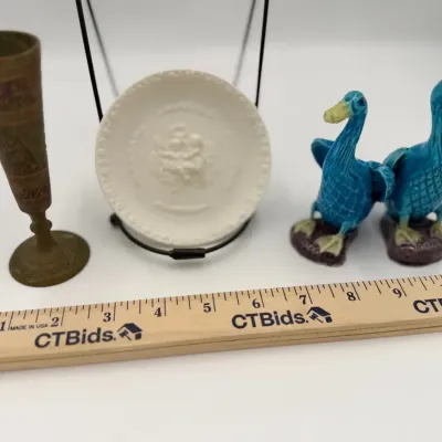 • Vintage Estate Decor Lot: Pair Turquoise Chinese Ducks, India Brass Goblet, Ceramic Relief Plaque

