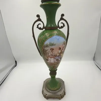 Antique Sèvres-Style Green Porcelain Lidded Urn with Hand-Painted Courting Scene