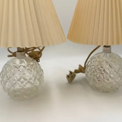 Vintage Mid-Century Diamond-Cut Glass Orb Boudoir Table Lamps - Pair