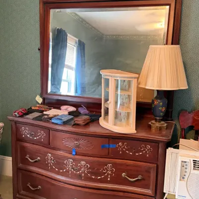 Federal Revival Mahogany Dresser & Detached Mirror Set with Mother-of-Pearl Inlay