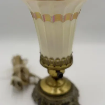 Antique Art Deco Fluted Iridescent Glass Vanity Dresser Lamp Cast Footed Base